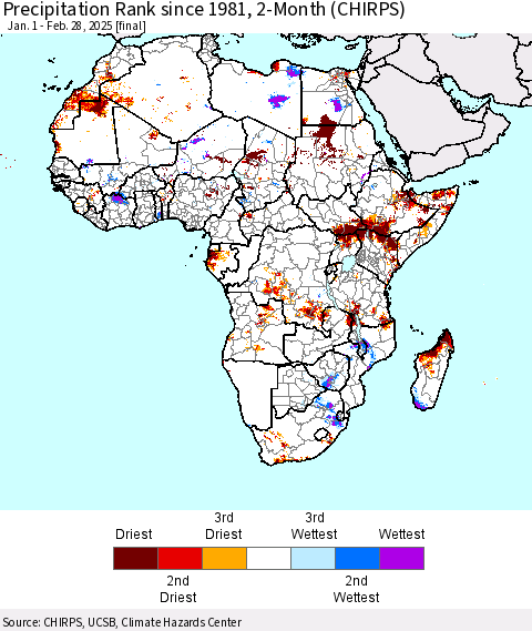 Africa Precipitation Rank since 1981, 2-Month (CHIRPS) Thematic Map For 1/1/2025 - 2/28/2025