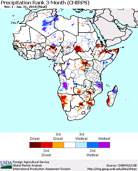 Africa Precipitation Rank since 1981, 3-Month (CHIRPS) Thematic Map For 11/1/2017 - 1/31/2018