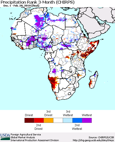 Africa Precipitation Rank since 1981, 3-Month (CHIRPS) Thematic Map For 12/1/2017 - 2/28/2018