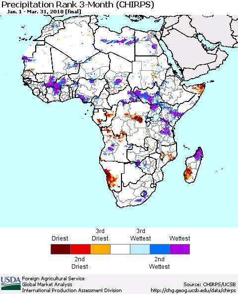 Africa Precipitation Rank since 1981, 3-Month (CHIRPS) Thematic Map For 1/1/2018 - 3/31/2018