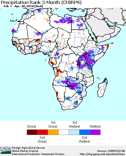 Africa Precipitation Rank since 1981, 3-Month (CHIRPS) Thematic Map For 2/1/2018 - 4/30/2018