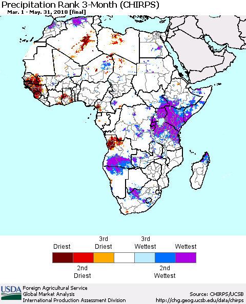 Africa Precipitation Rank since 1981, 3-Month (CHIRPS) Thematic Map For 3/1/2018 - 5/31/2018