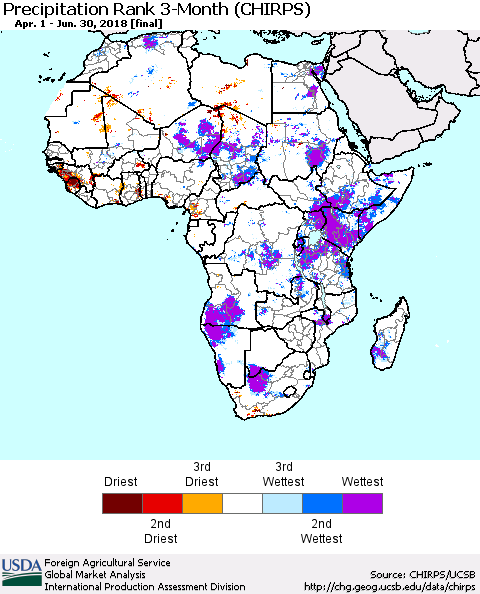 Africa Precipitation Rank since 1981, 3-Month (CHIRPS) Thematic Map For 4/1/2018 - 6/30/2018