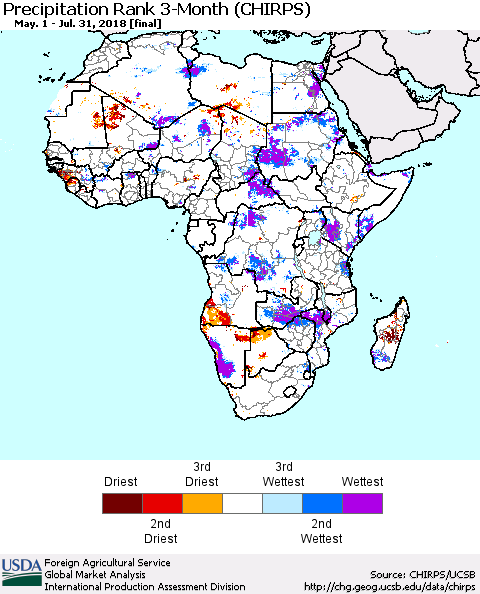Africa Precipitation Rank since 1981, 3-Month (CHIRPS) Thematic Map For 5/1/2018 - 7/31/2018