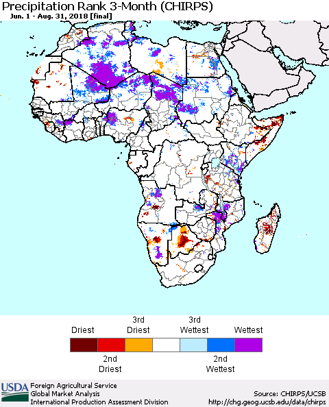 Africa Precipitation Rank since 1981, 3-Month (CHIRPS) Thematic Map For 6/1/2018 - 8/31/2018