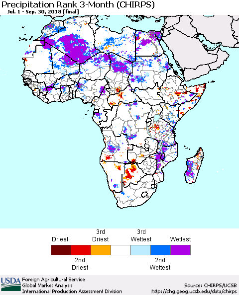 Africa Precipitation Rank since 1981, 3-Month (CHIRPS) Thematic Map For 7/1/2018 - 9/30/2018