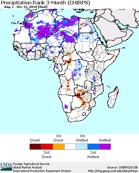 Africa Precipitation Rank since 1981, 3-Month (CHIRPS) Thematic Map For 8/1/2018 - 10/31/2018