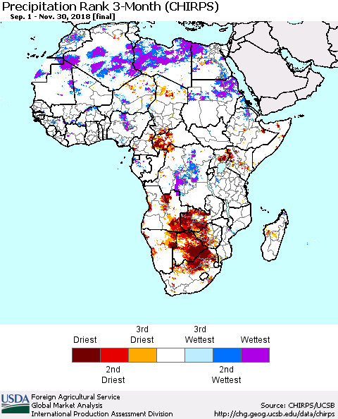 Africa Precipitation Rank since 1981, 3-Month (CHIRPS) Thematic Map For 9/1/2018 - 11/30/2018