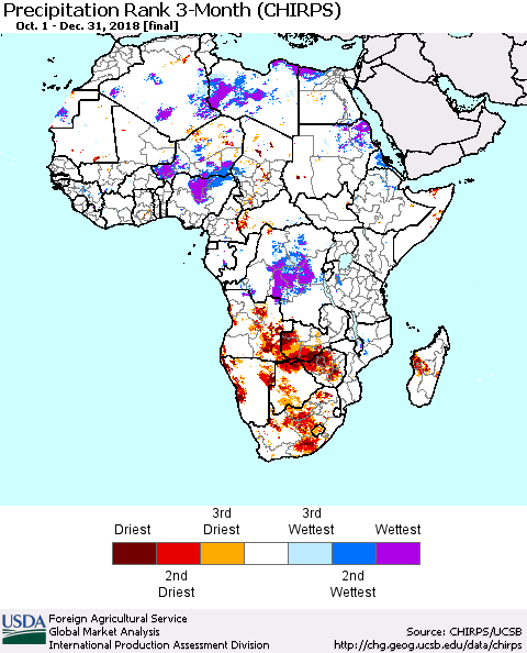 Africa Precipitation Rank since 1981, 3-Month (CHIRPS) Thematic Map For 10/1/2018 - 12/31/2018