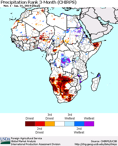 Africa Precipitation Rank since 1981, 3-Month (CHIRPS) Thematic Map For 11/1/2018 - 1/31/2019
