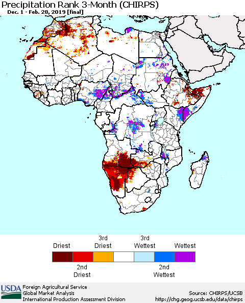 Africa Precipitation Rank since 1981, 3-Month (CHIRPS) Thematic Map For 12/1/2018 - 2/28/2019