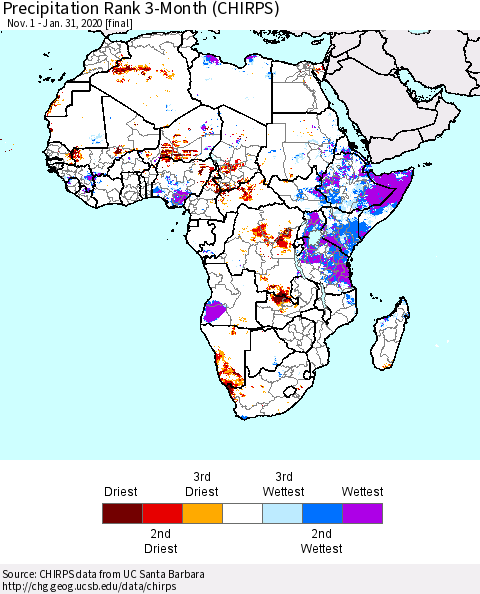 Africa Precipitation Rank since 1981, 3-Month (CHIRPS) Thematic Map For 11/1/2019 - 1/31/2020