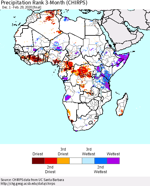 Africa Precipitation Rank since 1981, 3-Month (CHIRPS) Thematic Map For 12/1/2019 - 2/29/2020