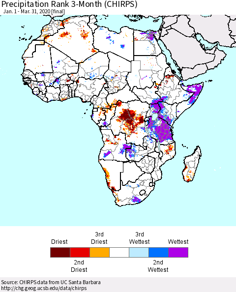 Africa Precipitation Rank since 1981, 3-Month (CHIRPS) Thematic Map For 1/1/2020 - 3/31/2020