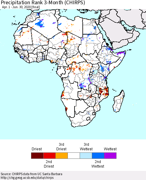 Africa Precipitation Rank 3-Month (CHIRPS) Thematic Map For 4/1/2020 - 6/30/2020