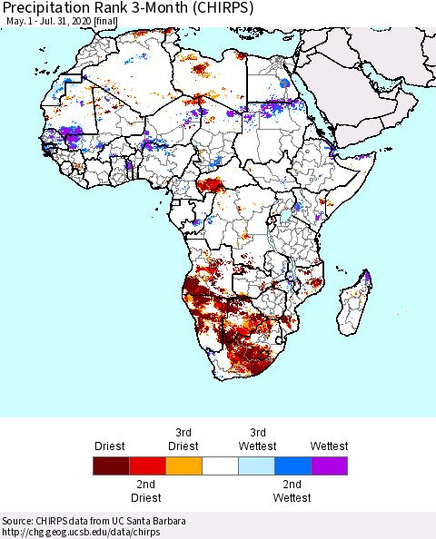 Africa Precipitation Rank since 1981, 3-Month (CHIRPS) Thematic Map For 5/1/2020 - 7/31/2020