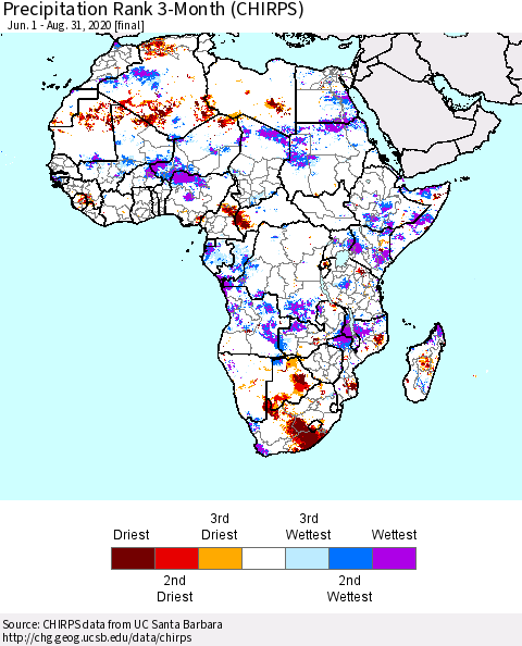 Africa Precipitation Rank 3-Month (CHIRPS) Thematic Map For 6/1/2020 - 8/31/2020