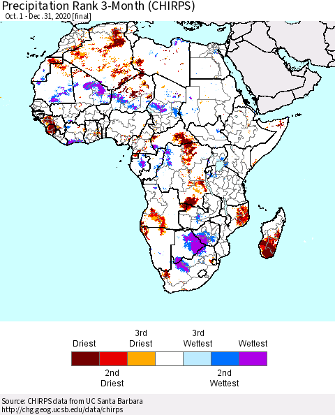 Africa Precipitation Rank 3-Month (CHIRPS) Thematic Map For 10/1/2020 - 12/31/2020