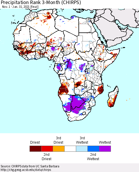 Africa Precipitation Rank 3-Month (CHIRPS) Thematic Map For 11/1/2020 - 1/31/2021