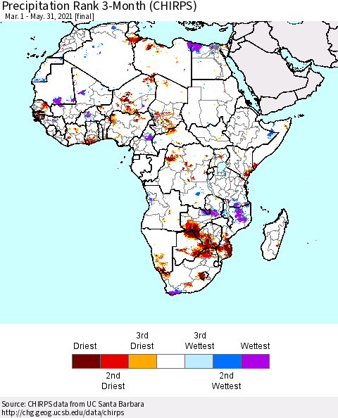 Africa Precipitation Rank 3-Month (CHIRPS) Thematic Map For 3/1/2021 - 5/31/2021