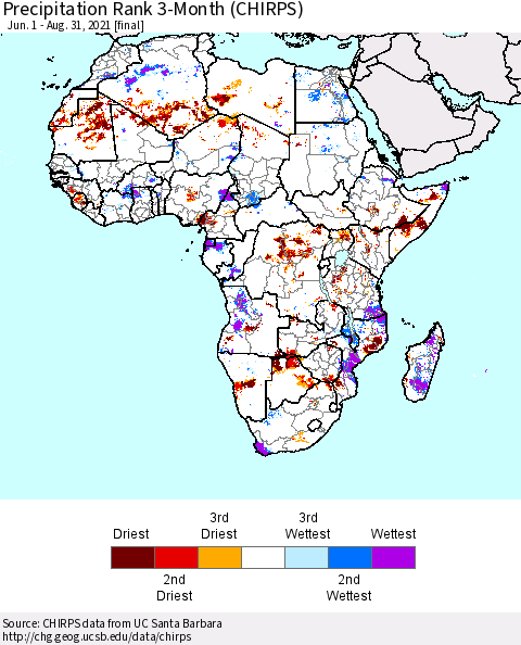 Africa Precipitation Rank 3-Month (CHIRPS) Thematic Map For 6/1/2021 - 8/31/2021