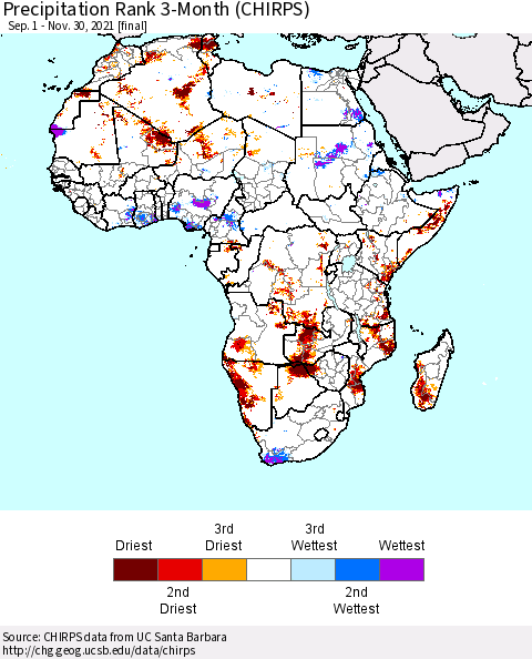 Africa Precipitation Rank 3-Month (CHIRPS) Thematic Map For 9/1/2021 - 11/30/2021