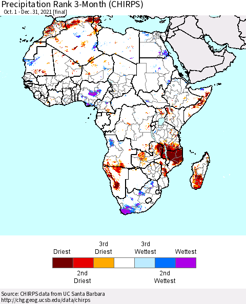 Africa Precipitation Rank 3-Month (CHIRPS) Thematic Map For 10/1/2021 - 12/31/2021