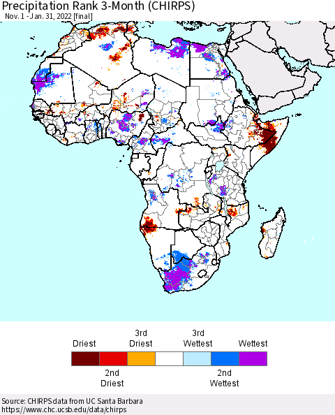 Africa Precipitation Rank 3-Month (CHIRPS) Thematic Map For 11/1/2021 - 1/31/2022