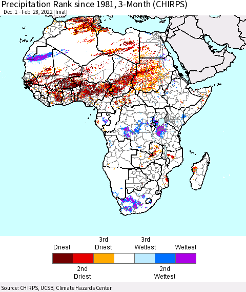 Africa Precipitation Rank since 1981, 3-Month (CHIRPS) Thematic Map For 12/1/2021 - 2/28/2022