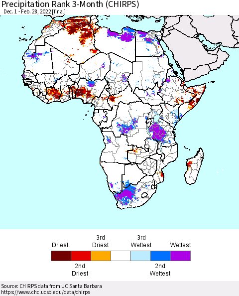 Africa Precipitation Rank 3-Month (CHIRPS) Thematic Map For 12/1/2021 - 2/28/2022