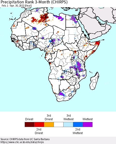 Africa Precipitation Rank 3-Month (CHIRPS) Thematic Map For 2/1/2022 - 4/30/2022