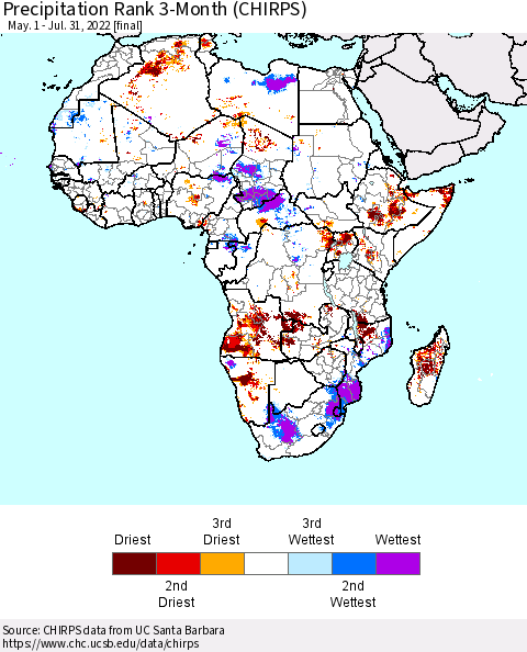 Africa Precipitation Rank 3-Month (CHIRPS) Thematic Map For 5/1/2022 - 7/31/2022