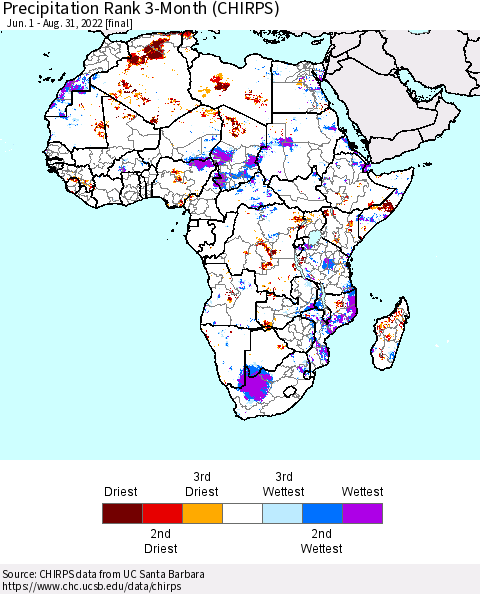 Africa Precipitation Rank 3-Month (CHIRPS) Thematic Map For 6/1/2022 - 8/31/2022