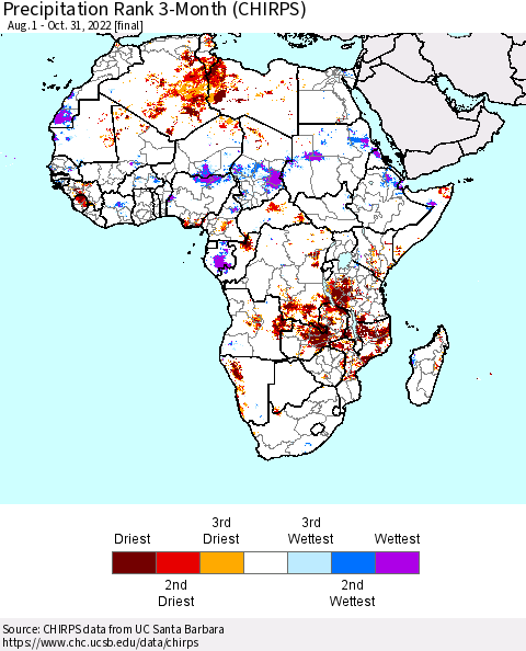 Africa Precipitation Rank 3-Month (CHIRPS) Thematic Map For 8/1/2022 - 10/31/2022