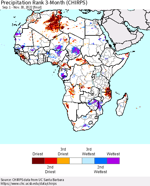 Africa Precipitation Rank 3-Month (CHIRPS) Thematic Map For 9/1/2022 - 11/30/2022