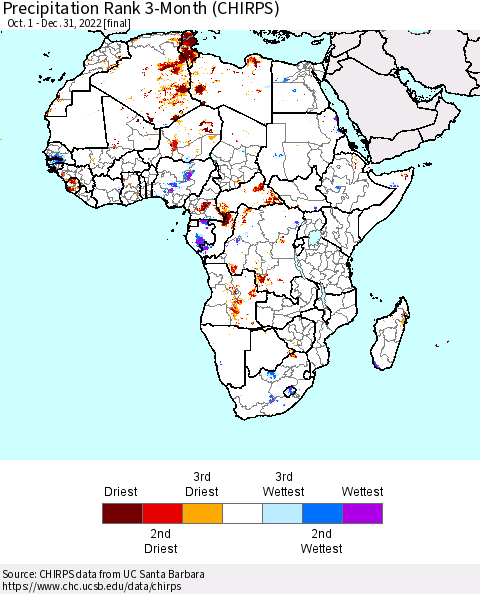 Africa Precipitation Rank since 1981, 3-Month (CHIRPS) Thematic Map For 10/1/2022 - 12/31/2022
