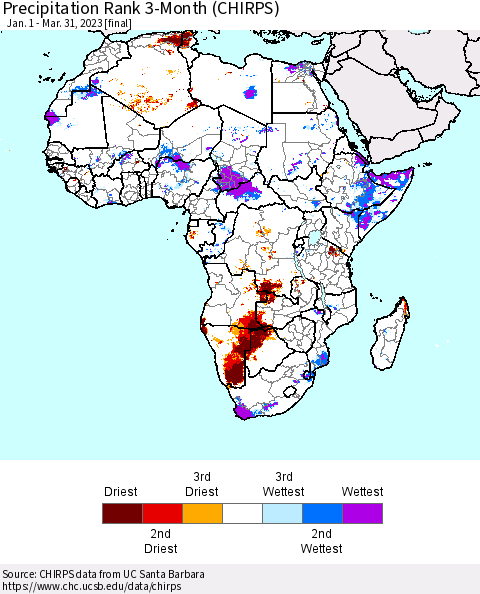 Africa Precipitation Rank since 1981, 3-Month (CHIRPS) Thematic Map For 1/1/2023 - 3/31/2023