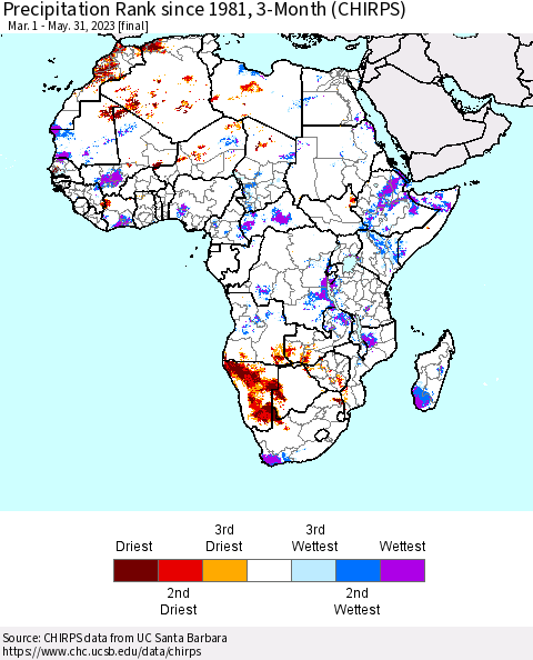 Africa Precipitation Rank since 1981, 3-Month (CHIRPS) Thematic Map For 3/1/2023 - 5/31/2023