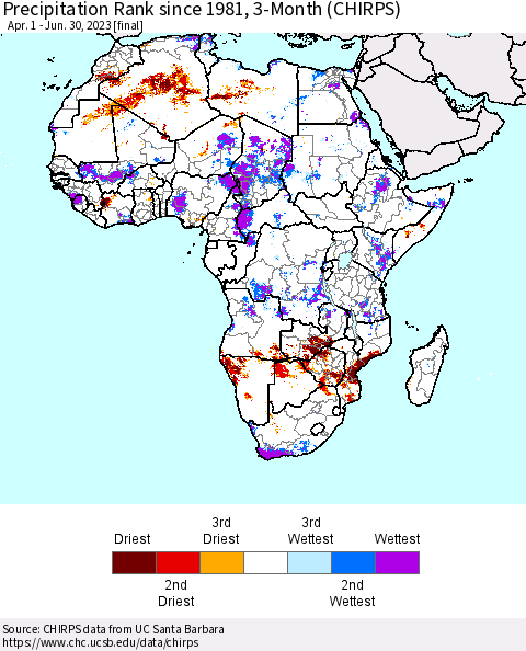 Africa Precipitation Rank since 1981, 3-Month (CHIRPS) Thematic Map For 4/1/2023 - 6/30/2023
