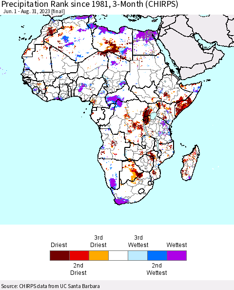 Africa Precipitation Rank since 1981, 3-Month (CHIRPS) Thematic Map For 6/1/2023 - 8/31/2023