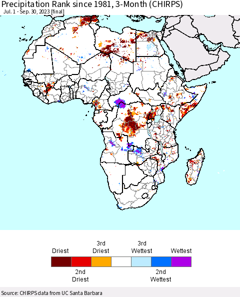 Africa Precipitation Rank since 1981, 3-Month (CHIRPS) Thematic Map For 7/1/2023 - 9/30/2023