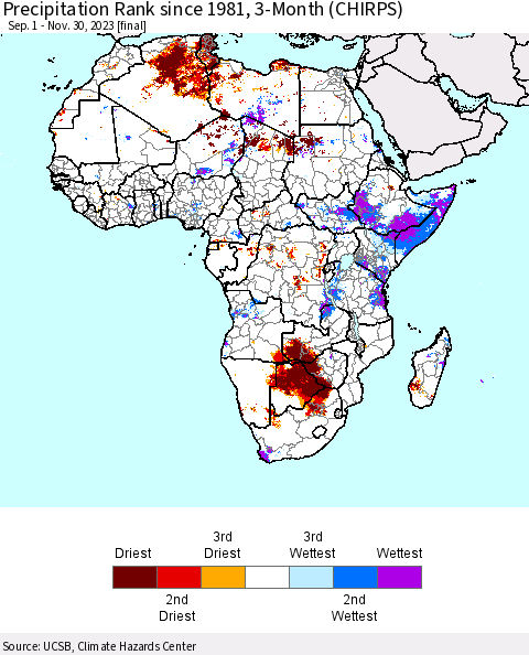 Africa Precipitation Rank since 1981, 3-Month (CHIRPS) Thematic Map For 9/1/2023 - 11/30/2023