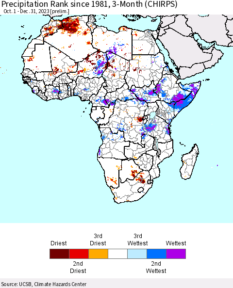 Africa Precipitation Rank since 1981, 3-Month (CHIRPS) Thematic Map For 10/1/2023 - 12/31/2023
