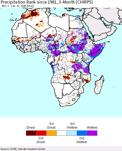 Africa Precipitation Rank since 1981, 3-Month (CHIRPS) Thematic Map For 11/1/2023 - 1/31/2024