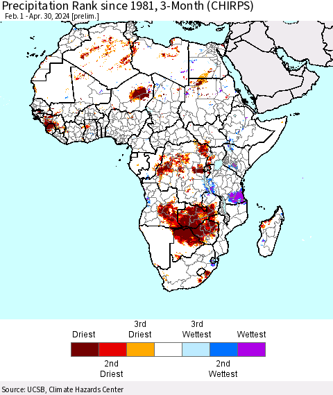 Africa Precipitation Rank since 1981, 3-Month (CHIRPS) Thematic Map For 2/1/2024 - 4/30/2024