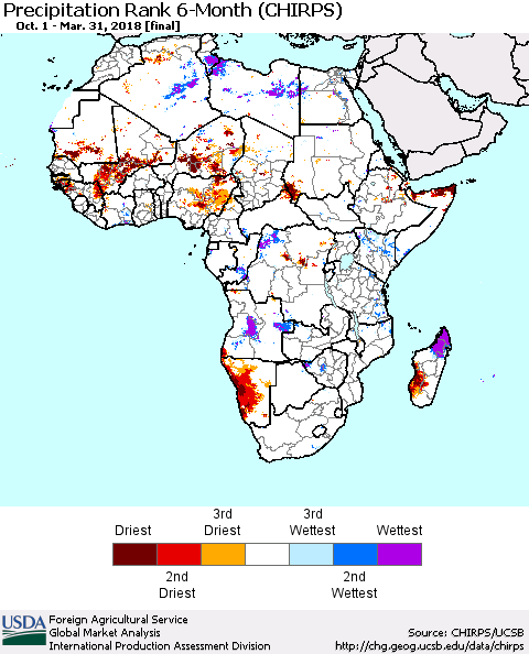 Africa Precipitation Rank since 1981, 6-Month (CHIRPS) Thematic Map For 10/1/2017 - 3/31/2018
