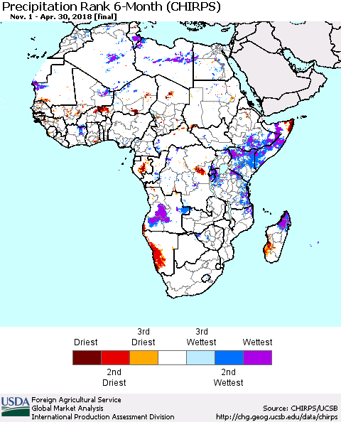 Africa Precipitation Rank since 1981, 6-Month (CHIRPS) Thematic Map For 11/1/2017 - 4/30/2018