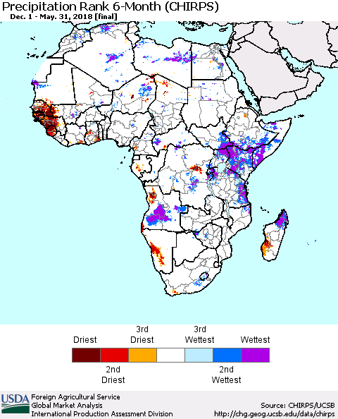 Africa Precipitation Rank since 1981, 6-Month (CHIRPS) Thematic Map For 12/1/2017 - 5/31/2018