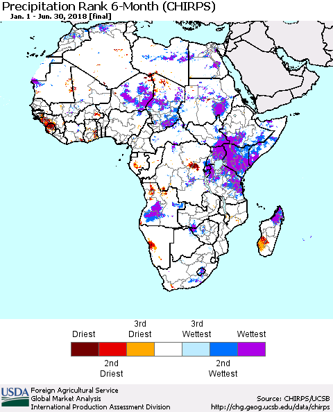 Africa Precipitation Rank since 1981, 6-Month (CHIRPS) Thematic Map For 1/1/2018 - 6/30/2018