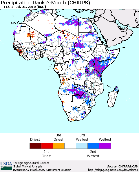 Africa Precipitation Rank since 1981, 6-Month (CHIRPS) Thematic Map For 2/1/2018 - 7/31/2018
